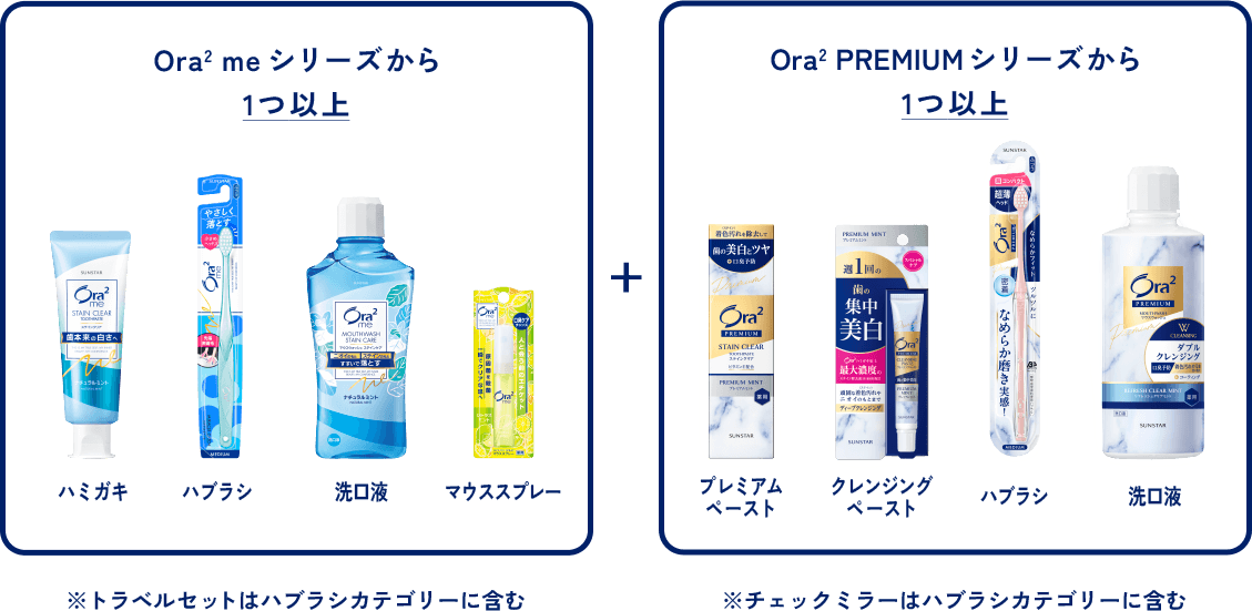 ＜応募例＞組み合わせ商品OK例：プレミアムペーストorクレンジングペーストorハブラシor洗口液※チェックミラーはハブラシカテゴリーに含む／組み合わせ商品NG例：同一種の商品を組み合わせた場合は応募条件が未達成となります