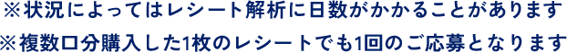 ※状況によってはレシート解析に日数がかかることがあります※複数口分購入した1枚のレシートでも1回のご応募となります